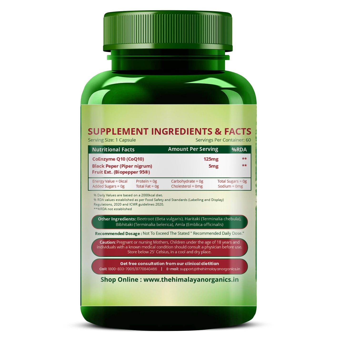 Vlado's Himalayan Organics CoQ10 -125mg With BioPepper - 5mg , COENZYME Q-10 125mg Supplement 60 Veg Capsules