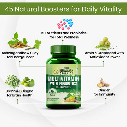 Vlado's Himalayan Organics Multivitamin for Men & Women with 60 Ingredients | With Probiotics, Herbal Extracts & Minerals | 180 Veg Tablets