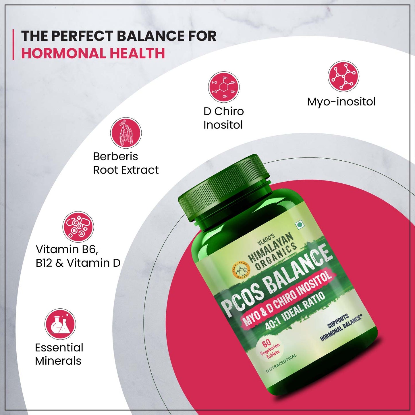 Vlado’s Himalayan Organics Plant-Based PCOS Support Supplement for Women with Myo-Inositol & D-Chiro-Inositol 40:1 Ratio – 60 Veg Tablets