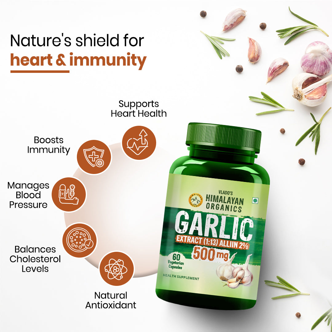 Vlado’s Himalayan Organics Garlic 500mg Supplement | Extract (1:13) Allium Sativum - 60 Veg Capsules