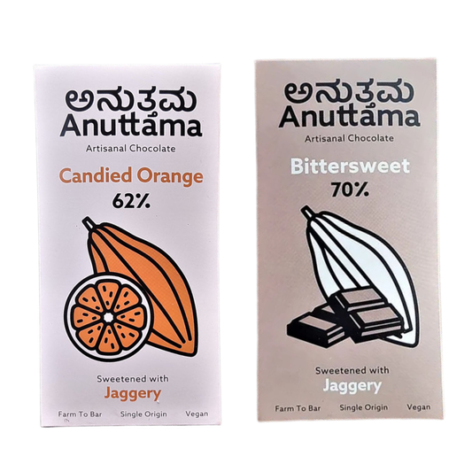 ANUTTAMA Dark Chocolate | Combo of 62% Cocoa Candied Orange & 70% Bitter Sweet | Sweetened with Jaggery  (50gm X Pack of 2)