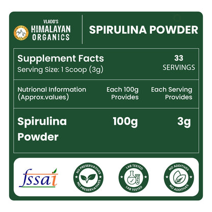 Vlado’s Himalayan Organics Spirulina Powder | 62% Protein | Natural Superfood | 100g