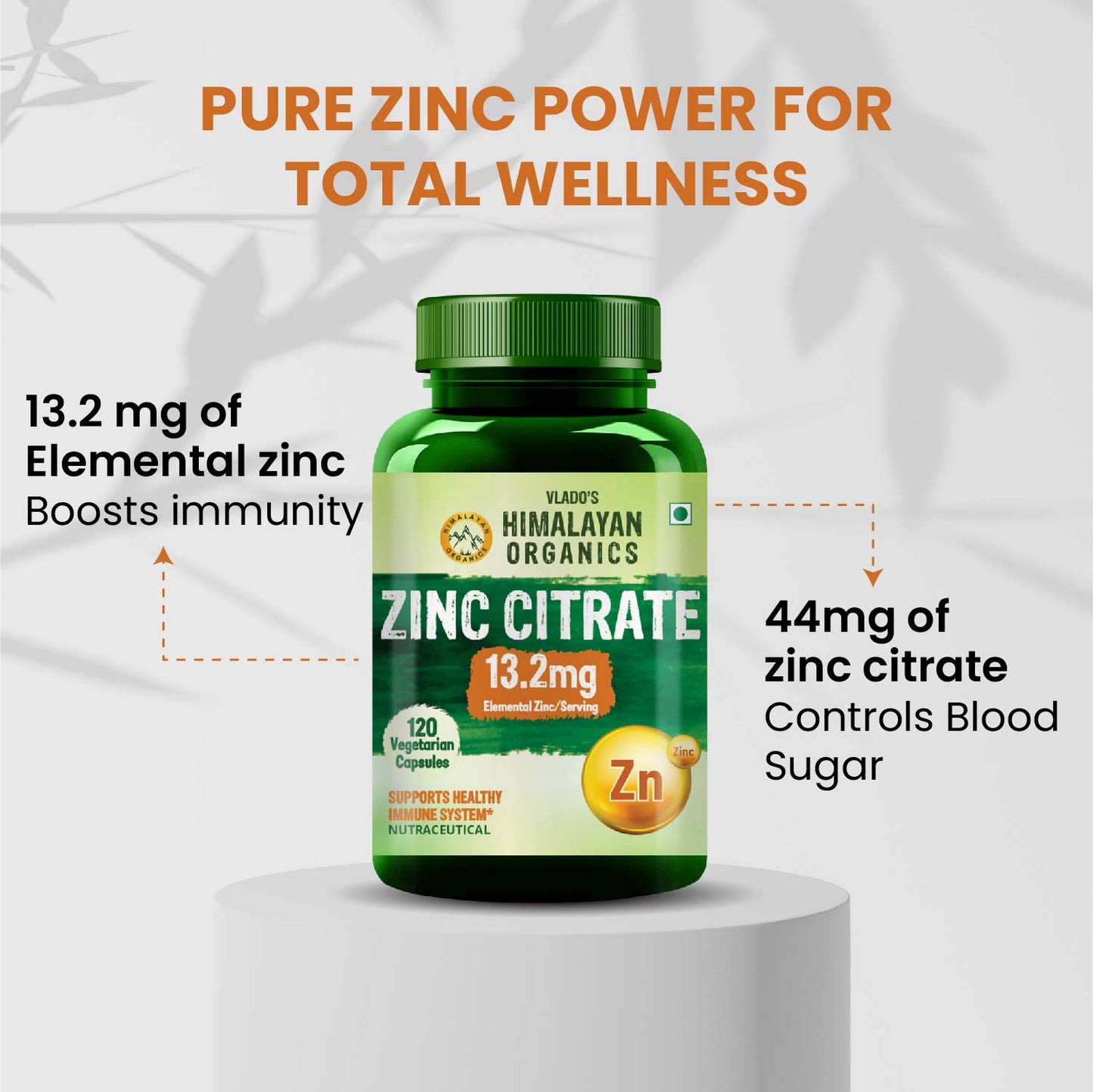Vlado's Himalayan Organics Zinc Citrate | Support Healthy Immune Function | Improve Iron Absorption | Antioxidant Support - 120 Veg Capsules