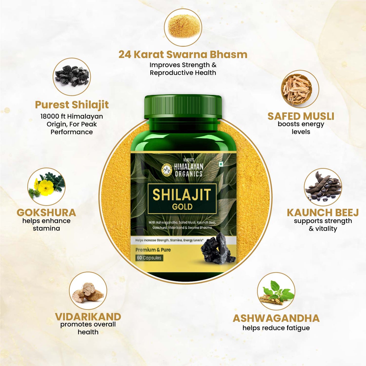 Vlado’s Himalayan Organics Shilajit Gold with Swarna Bhasma & 10+ Herbs | 60 Veg Capsules