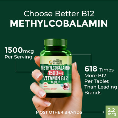 Vlado's Himalayan Organics Methylcobalamin Vitamin B12 Tablets 1500 mcg | 120 Vegetarian Tablets | 4 Months Supply