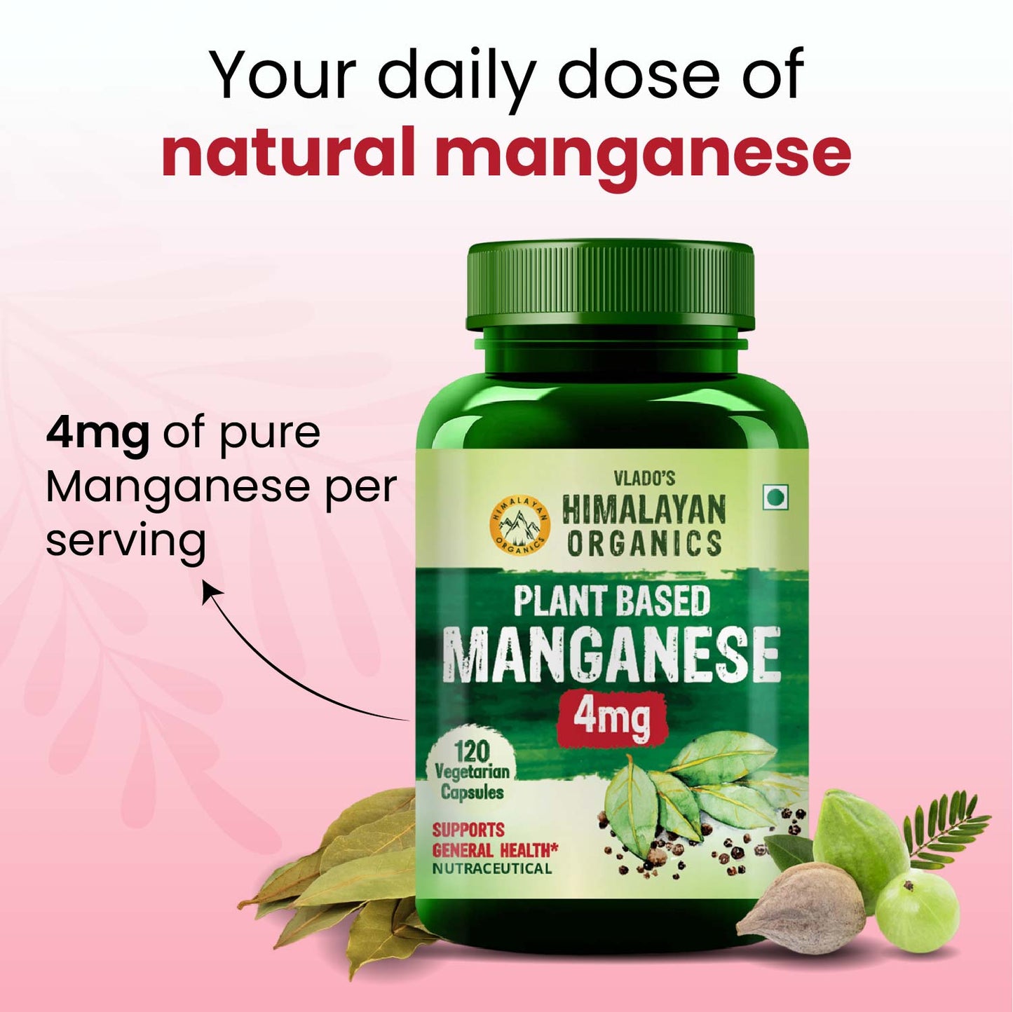 Vlado's Himalayan Organics Plant Based Manganese 4mg Supplement | Trace Mineral Supplement for Connective Tissue and Bones | Good For Skeletal Health Support - 120 Veg Capsules