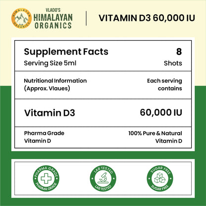 Vlado's Himalayan Organics Vitamin D3 60000 IU Shots | Cholecalciferol Vitamin D3 60000 IU Supplement I Sugar Free I Oral Solution I Vitamin D 60K for Men & Women – 5ml Each bottle - Orange Flavour - (Pack of 8)