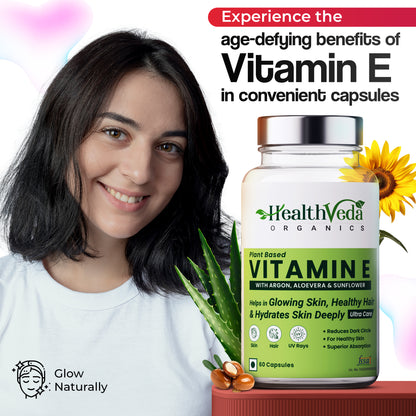 Health Veda Organics Vitamin E Capsules with Argan & Aloe Vera | 60 Veg Capsules | Supports Healthy Hair & Beautiful Skin | Maintains Skin Hydration & Nourishment | For Both Men & Women