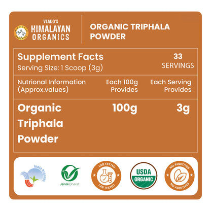 Vlado’s Himalayan Organics Triphala Powder | Ayurvedic Blend of 3 Fruits | 100g