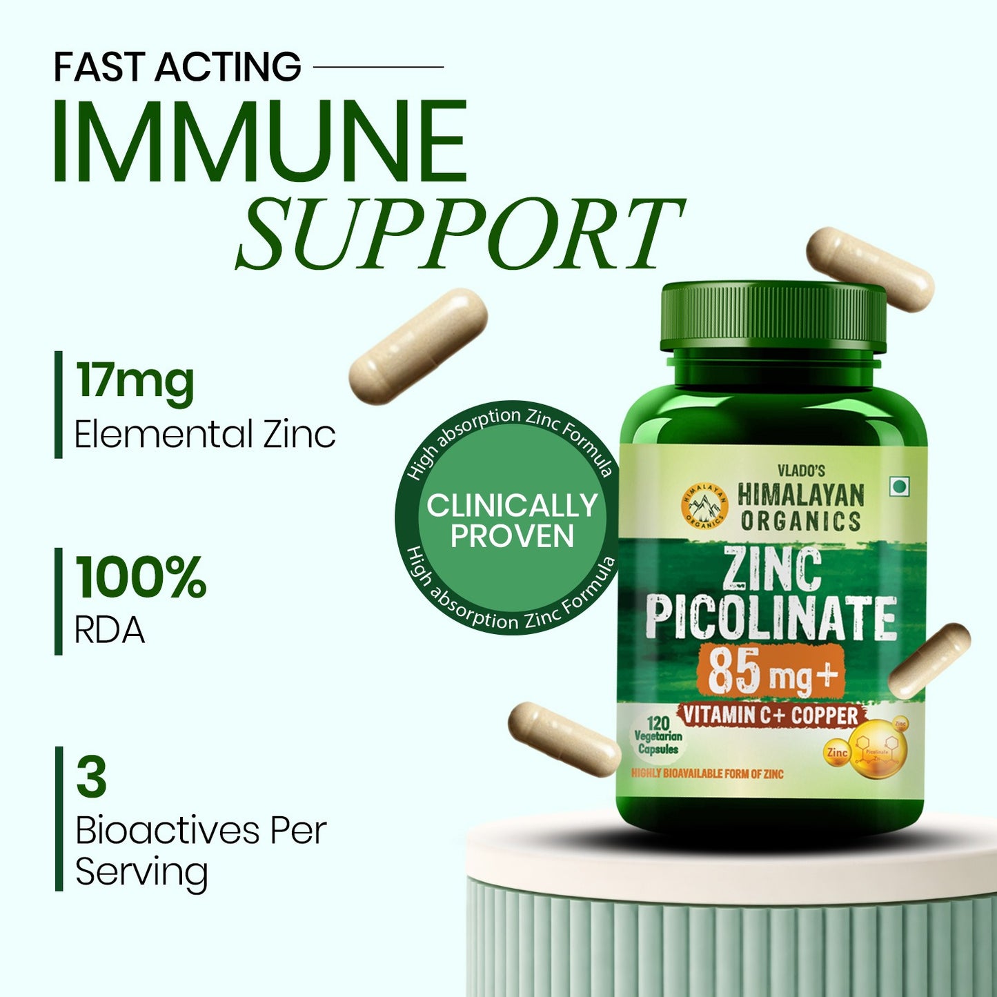 Vlado's Himalayan Organics Zinc Picolinate with Vitamin C & Copper | Zinc Supplement with 17 mg Elemental Zinc | 120 Vegetarian Capsules