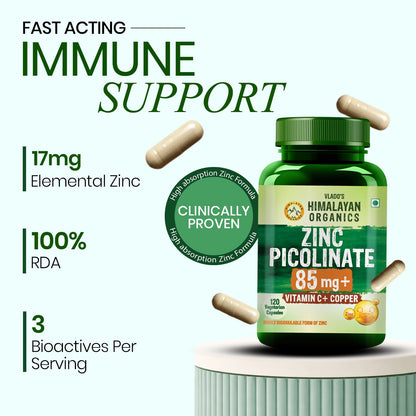 Vlado's Himalayan Organics Zinc Picolinate with Vitamin C & Copper | Zinc Supplement with 17 mg Elemental Zinc | 120 Vegetarian Capsules