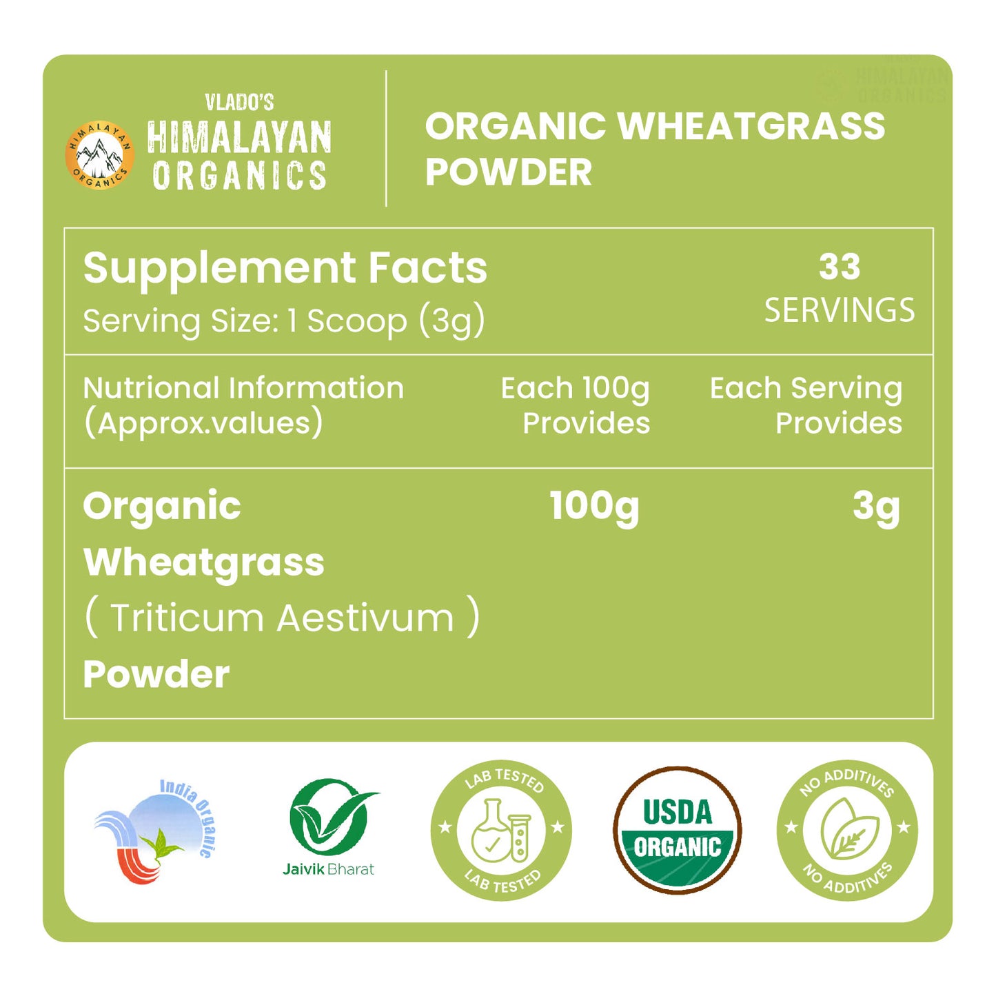 Vlado’s Himalayan Organics Wheatgrass Powder | 100% Natural & Organic | 100g