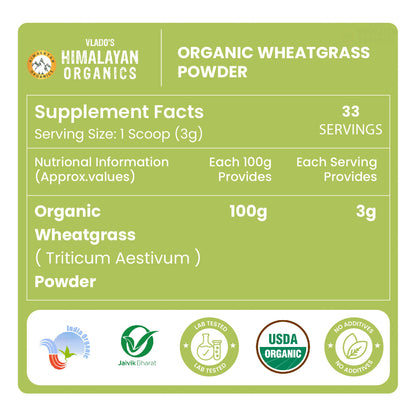 Vlado’s Himalayan Organics Wheatgrass Powder | 100% Natural & Organic | 100g