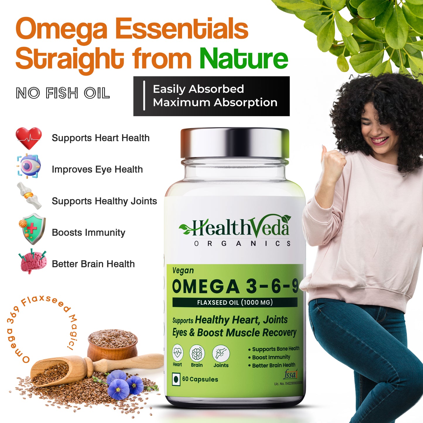 Health Veda Organics Vegan Omega 3-6-9 Flaxseed Oil (1000mg) for Healthy Bones, Hair & Skin| 60 Veg Soft Gel Capsules for Both Women & Men