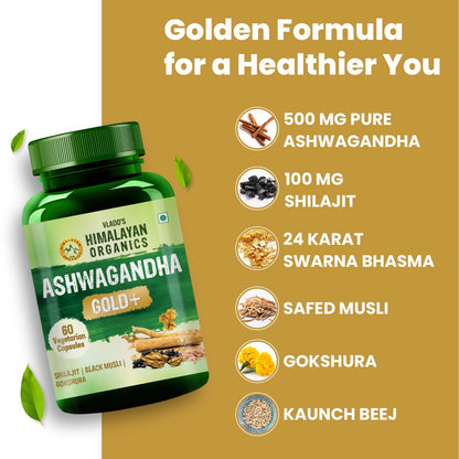 Vlado's Himalayan Organics Ashwagandha Gold Plus with 24-Karat Swarna Bhasma | Blend of Ashwagandha, Shilajit & Herbs | 60 Veg Capsules