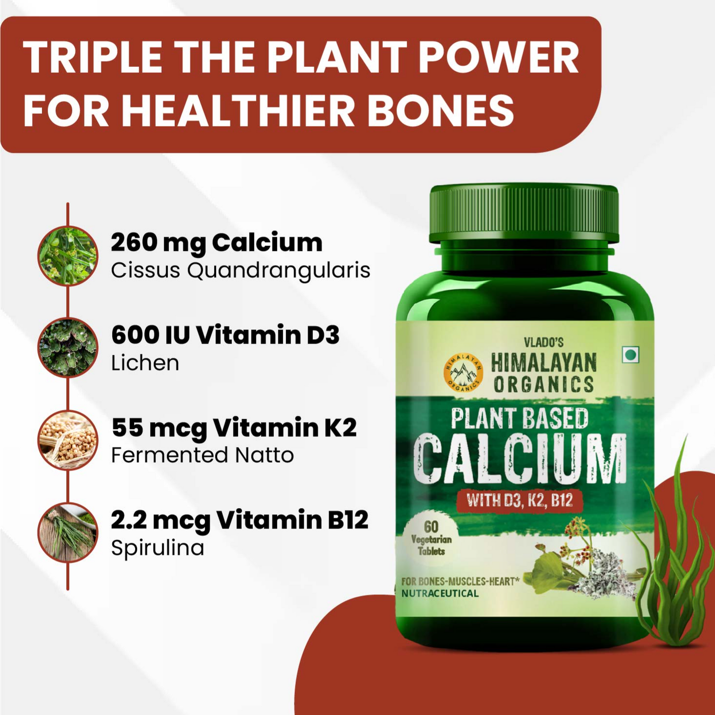 Vlado's Himalayan Organics Plant-Based Calcium 650mg Supplement with Moringa, Alfalfa & Watercress – 60 Veg Tablets