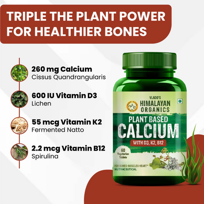 Vlado's Himalayan Organics Plant-Based Calcium 650mg Supplement with Moringa, Alfalfa & Watercress – 60 Veg Tablets