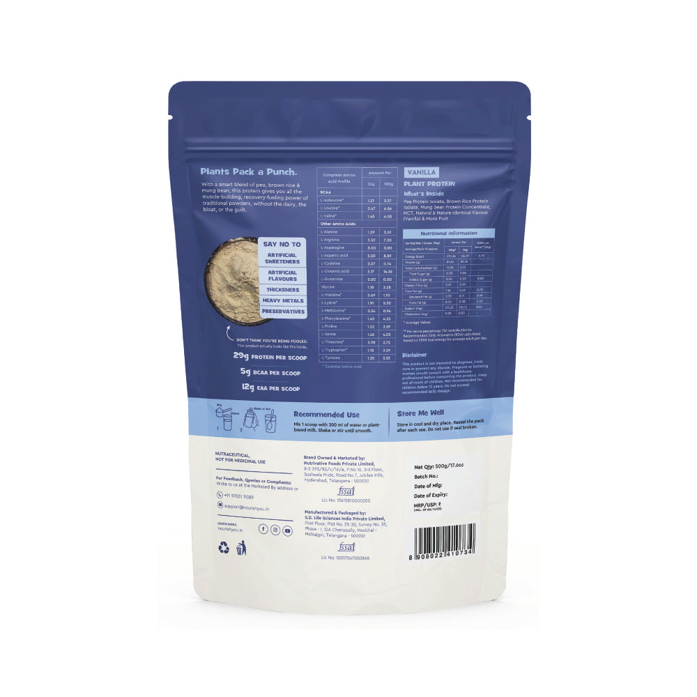 Nourish You 29g Per Serving Vanilla Plant based Protein Powder-500g | Pea, Brown Rice & Mung Bean Blend | Sweetened with Monk Fruit | No Soy, No Artificial Flavours | Superior Muscle Recovery | Gut Friendly
