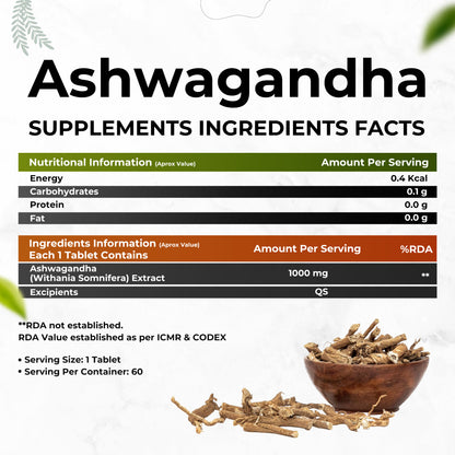 Health Veda Organics Ashwagandha 1000mg | 60 Veg Tablets | Boost Immunity, Rejuvenates Mind & Body