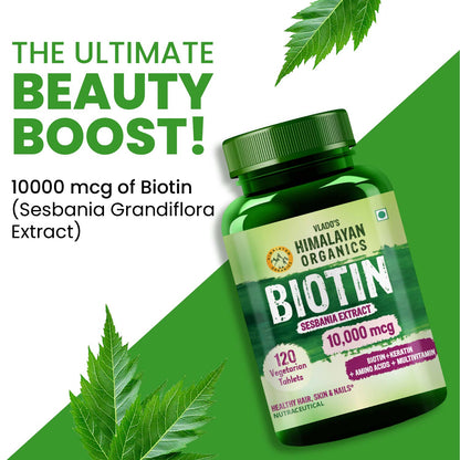 Vlado's Himalayan Organics Biotin 10,000 mcg Supplement with Keratin, Amino Acids & Multivitamin - 120 Veg Tablets
