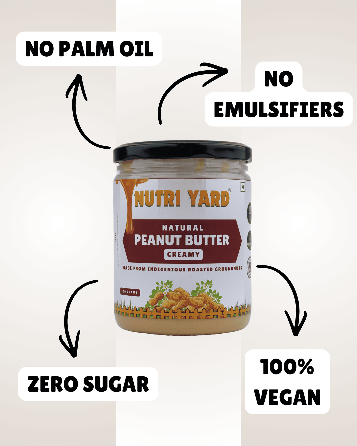 Nutri Yard Natural Peanut Butter Creamy 1kg Unsweetened (Pack of 2 - 500g each)