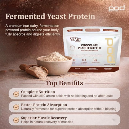 Fermented Yeast Protein Blend | Chocolate Peanut Butter Flavor | 24g Protein, 0g Added Sugar, Gut-Friendly | Sweetened with Stevia & Monk Fruit | No Bloating, High Absorption | 500g