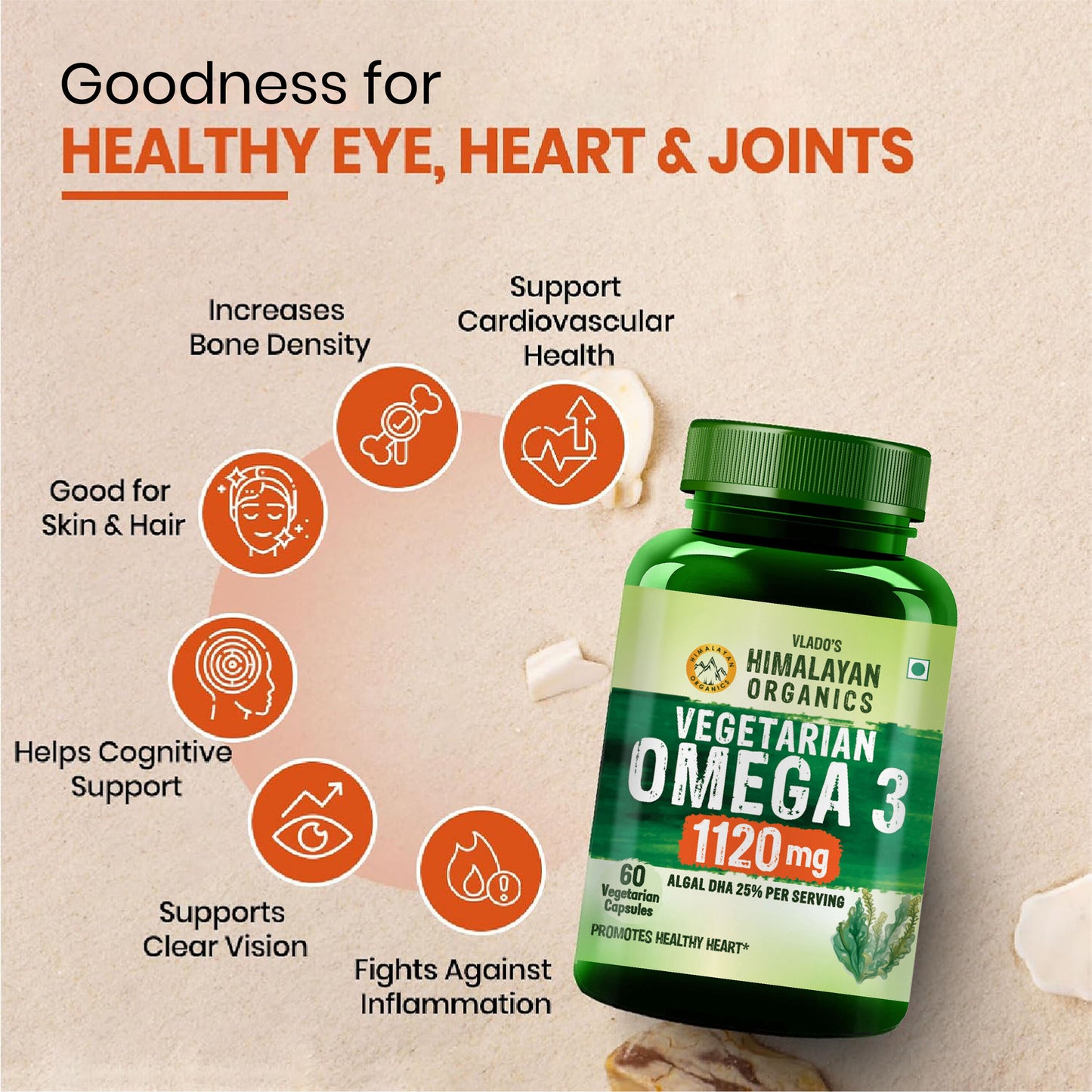 Vlado's Himalayan Organics Vegetarian Omega 3 – 1120 MG | 3X Strength | With Veg DHA & Algal Oil | Plant-Based Omega 3 | No Fish Oil | 60 Veg Capsules for Men & Women