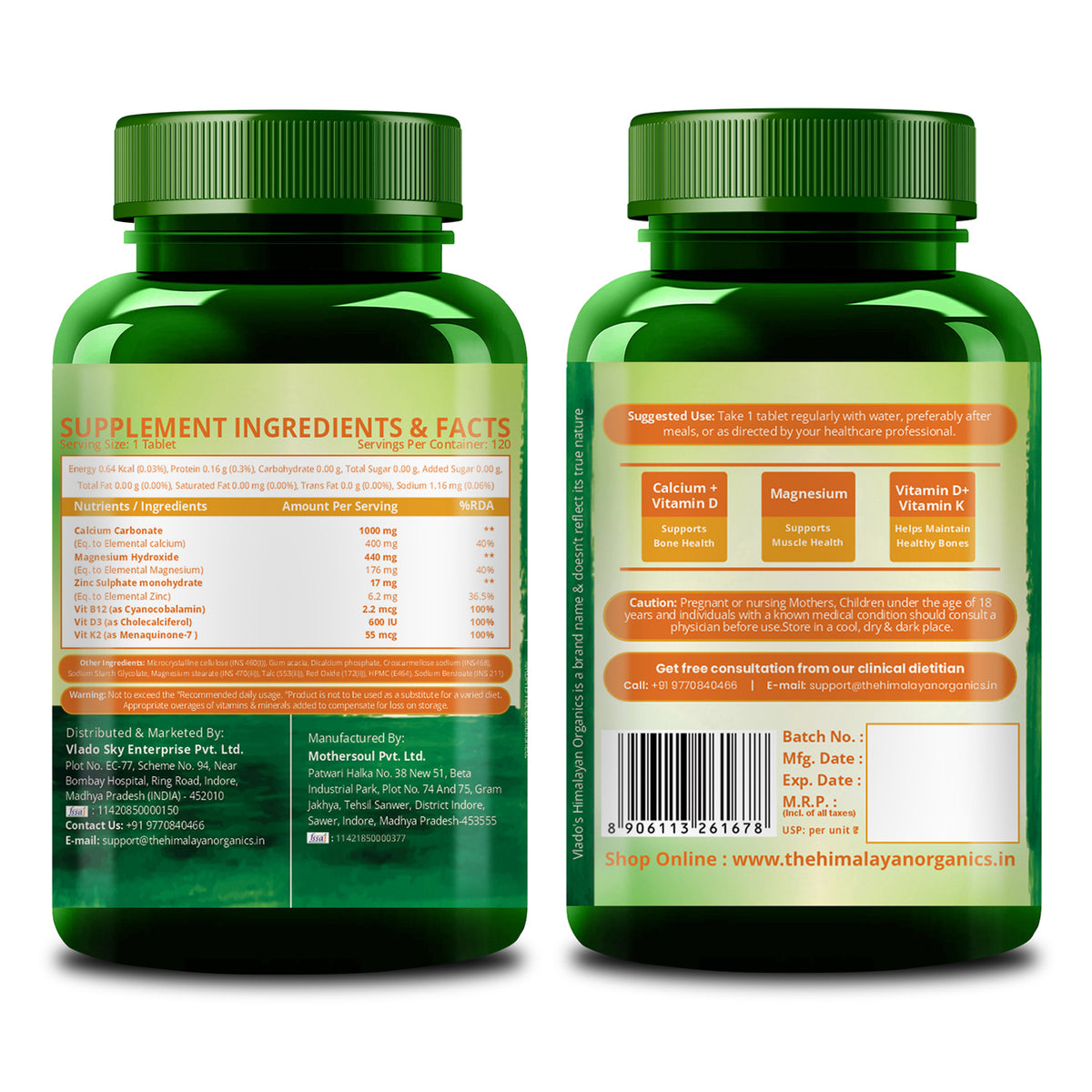 Vlado's Himalayan Organics Calcium Magnesium Zinc Vitamin D3 & B12- 120 Vegetarian Tablets