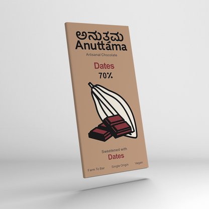 ANUTTAMA Dark Chocolate | 70% Cocoa | Sweetened with Dates | Handmade Chocolate | Dark Chocolate Bar | No Artificial Flavours and Colors | Vegan | Natural Chocolate Bar (Pack of-1 50g)