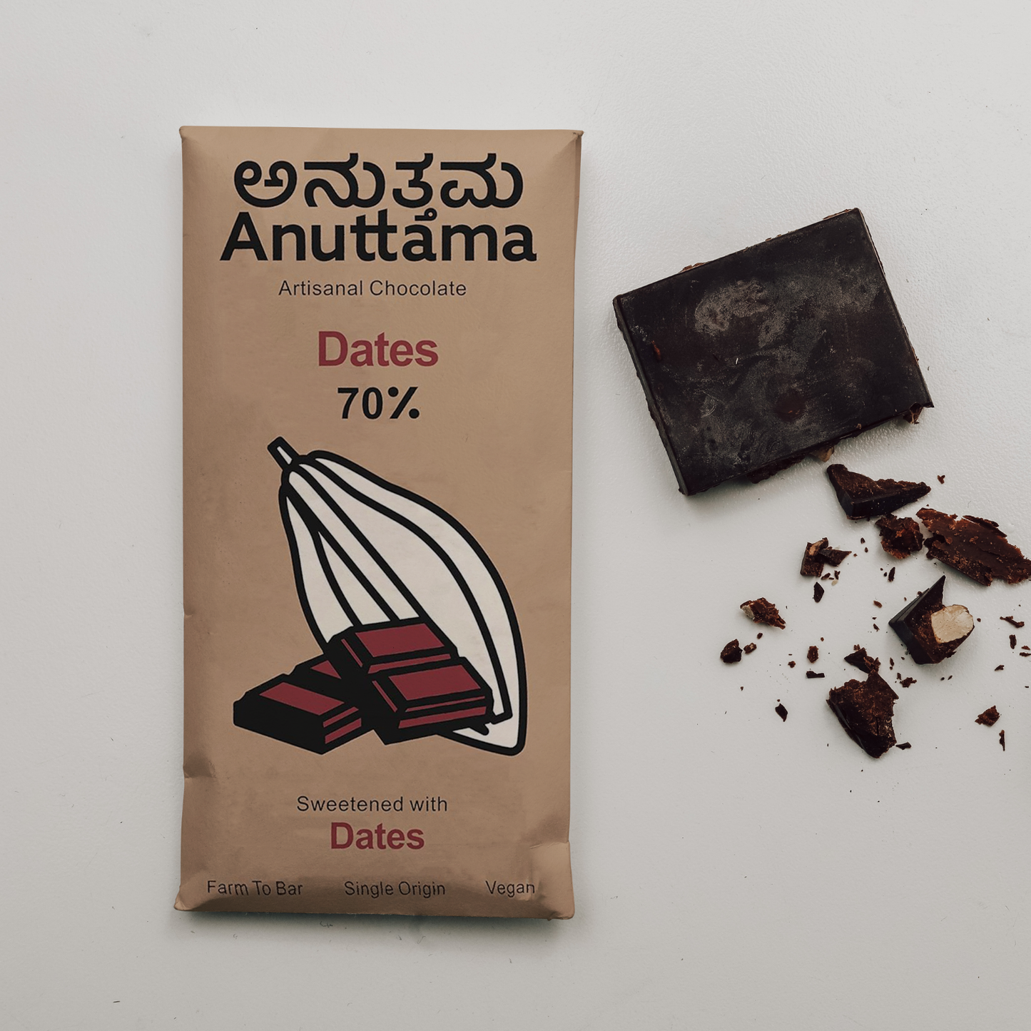 ANUTTAMA Dark Chocolate | 70% Cocoa | Sweetened with Dates | Handmade Chocolate | Dark Chocolate Bar | No Artificial Flavours and Colors | Vegan | Natural Chocolate Bar (Pack of-2 Each 50g)
