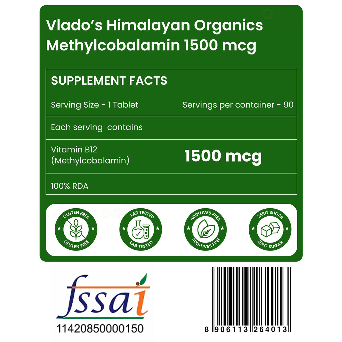 Vlado's Himalayan Organics Methylcobalamin Vitamin B12 1500mcg - 90 Veg Tablets