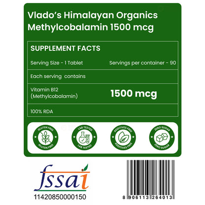 Vlado's Himalayan Organics Methylcobalamin Vitamin B12 1500mcg - 90 Veg Tablets