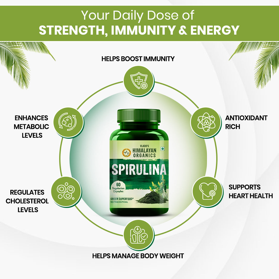 Vlado's Himalayan Organics Spirulina 2000mg Supplement | Plant-Based Superfood | 60 Vegetarian Capsules