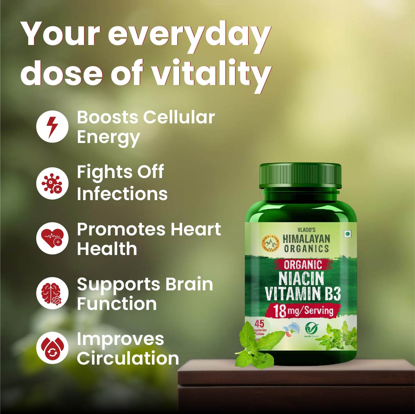 Vlado's Himalayan Organics Organic Niacin (Vitamin B3) Tablets | 18 mg per Serving | 45 Veg Tablets