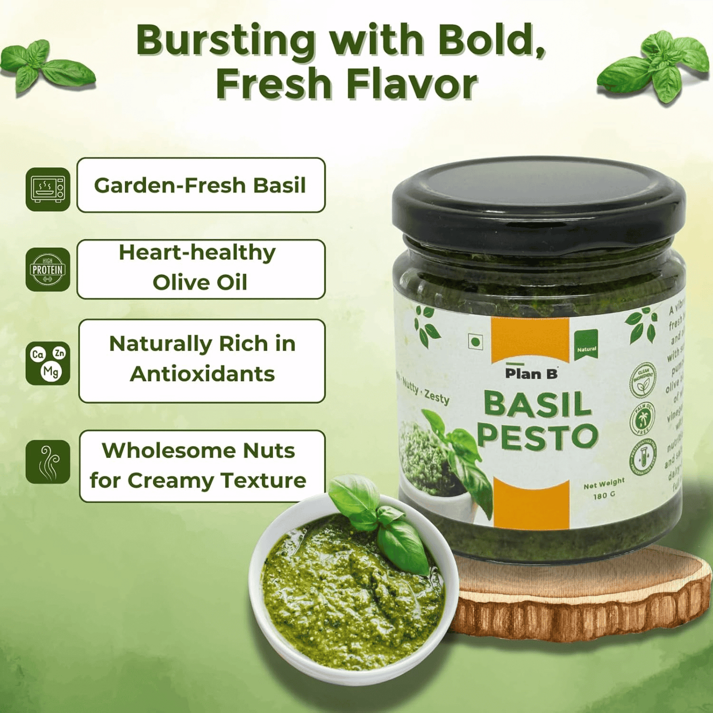 Plan B Vegan Basil Pesto Sauce | Dairy-Free, No Preservatives | Made with Basil, Olive Oil & Pumpkin Seeds | Plant-Based, Gluten-Free | 180g Jar