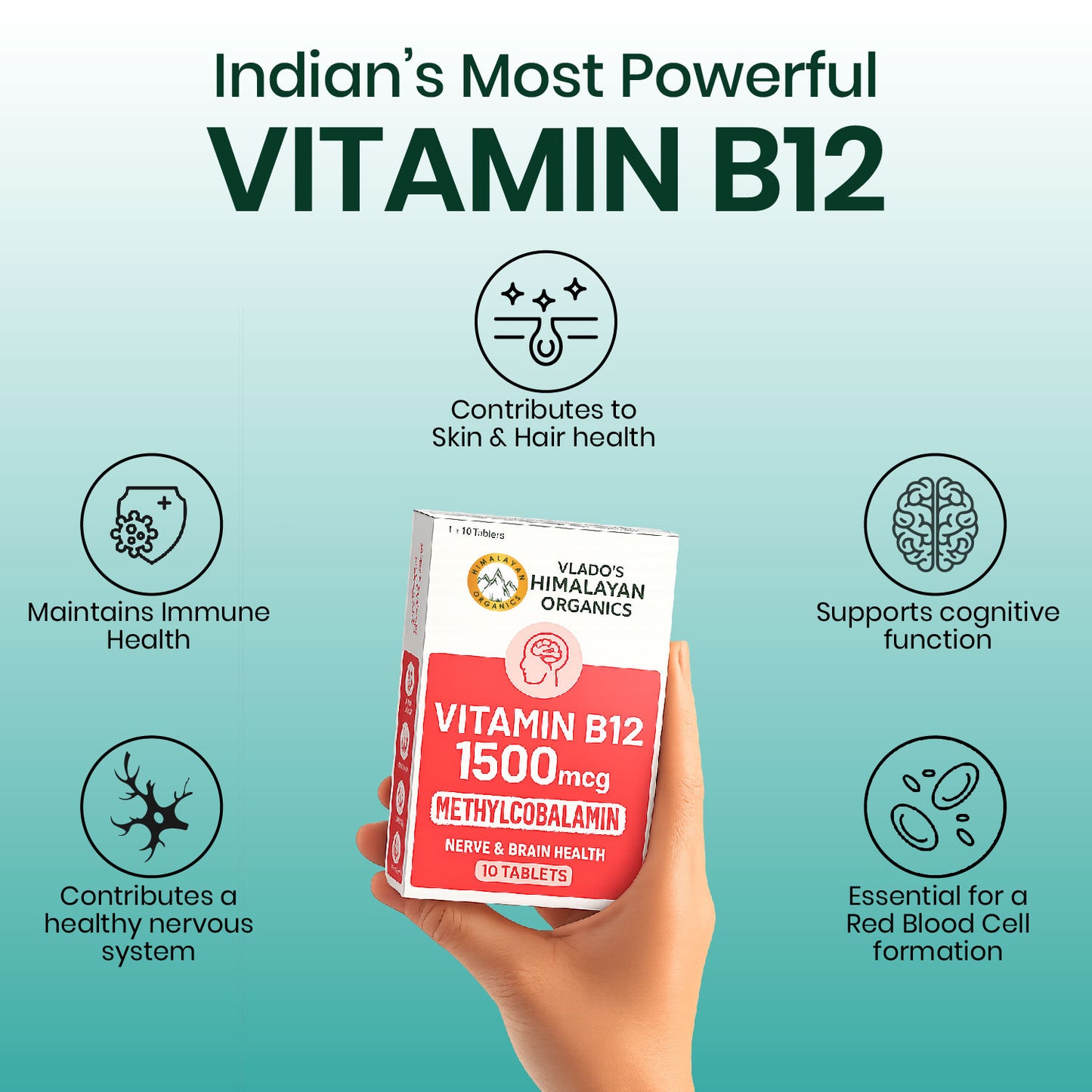 Vlado's Himalayan Organics Methylcobalamin Vitamin B12 1500 mcg | Dietary Supplement for Men & Women | 10 Tablets (1 Strip)