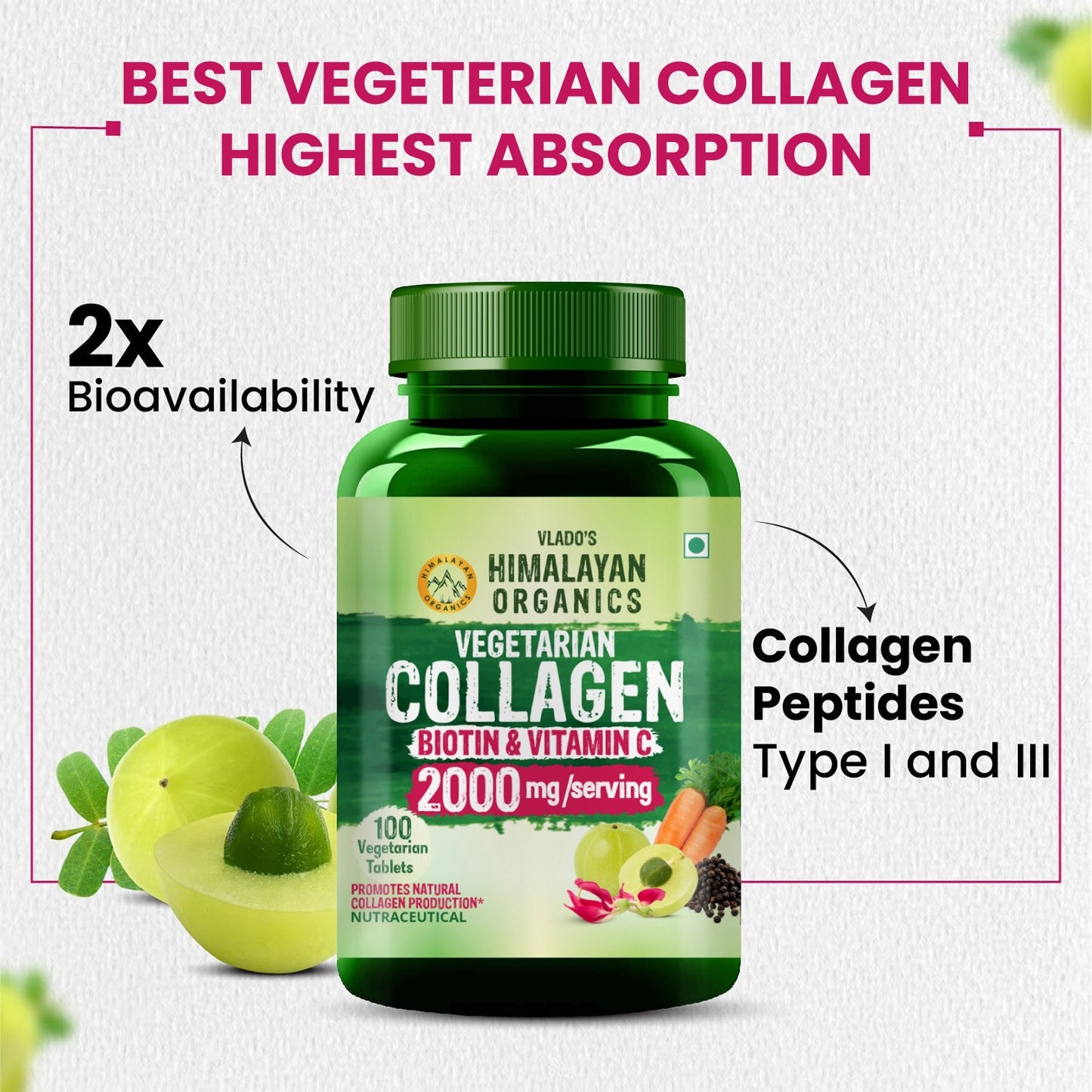 Vlado's Himalayan Organics Vegetarian Collagen 2000Mg With Biotin And Vitamin C - 100 Veg Tablets
