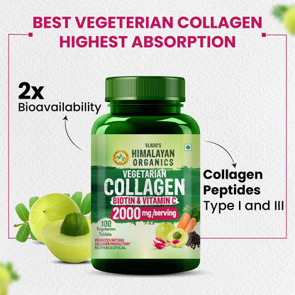 Vlado's Himalayan Organics Vegetarian Collagen 2000Mg With Biotin And Vitamin C - 100 Veg Tablets