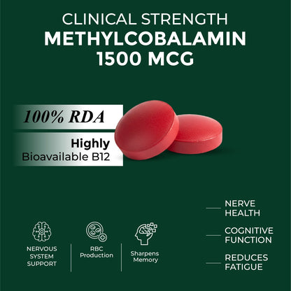 Vlado's Himalayan Organics Methylcobalamin Vitamin B12 Tablets 1500 mcg | 120 Vegetarian Tablets | 4 Months Supply