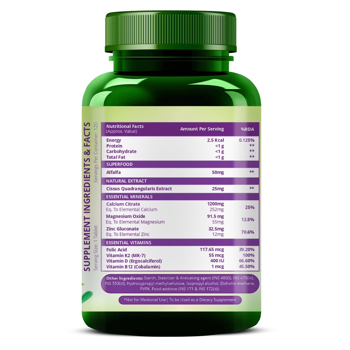 Vlado's Himalayan Organics Alfalfa Calcium Citrate Malate 1200mg with Vitamin D, K2, MK-7, B12, Zinc & Magnesium - 120 Veg Tablets