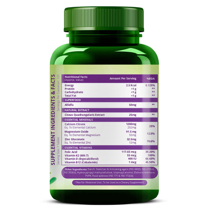 Vlado's Himalayan Organics Alfalfa Calcium Citrate Malate 1200mg with Vitamin D, K2, MK-7, B12, Zinc & Magnesium - 120 Veg Tablets