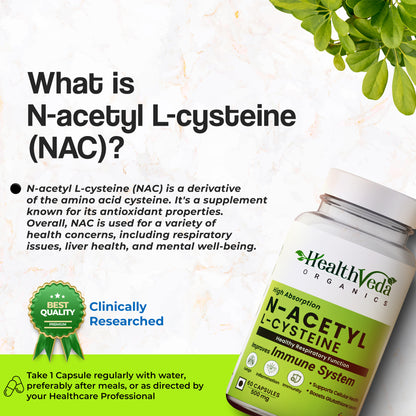 Health Veda Organics N - Acetyl L - Cysteine 500mg | 60 Veg Capsules | Lungs & Respiratory Support | Immune Health | For both Men & Women