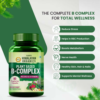 Vlado's Himalayan Organics Plant Based B Complex Vitamins B12, B1, B3, B2, B9 - 60 Veg Capsules