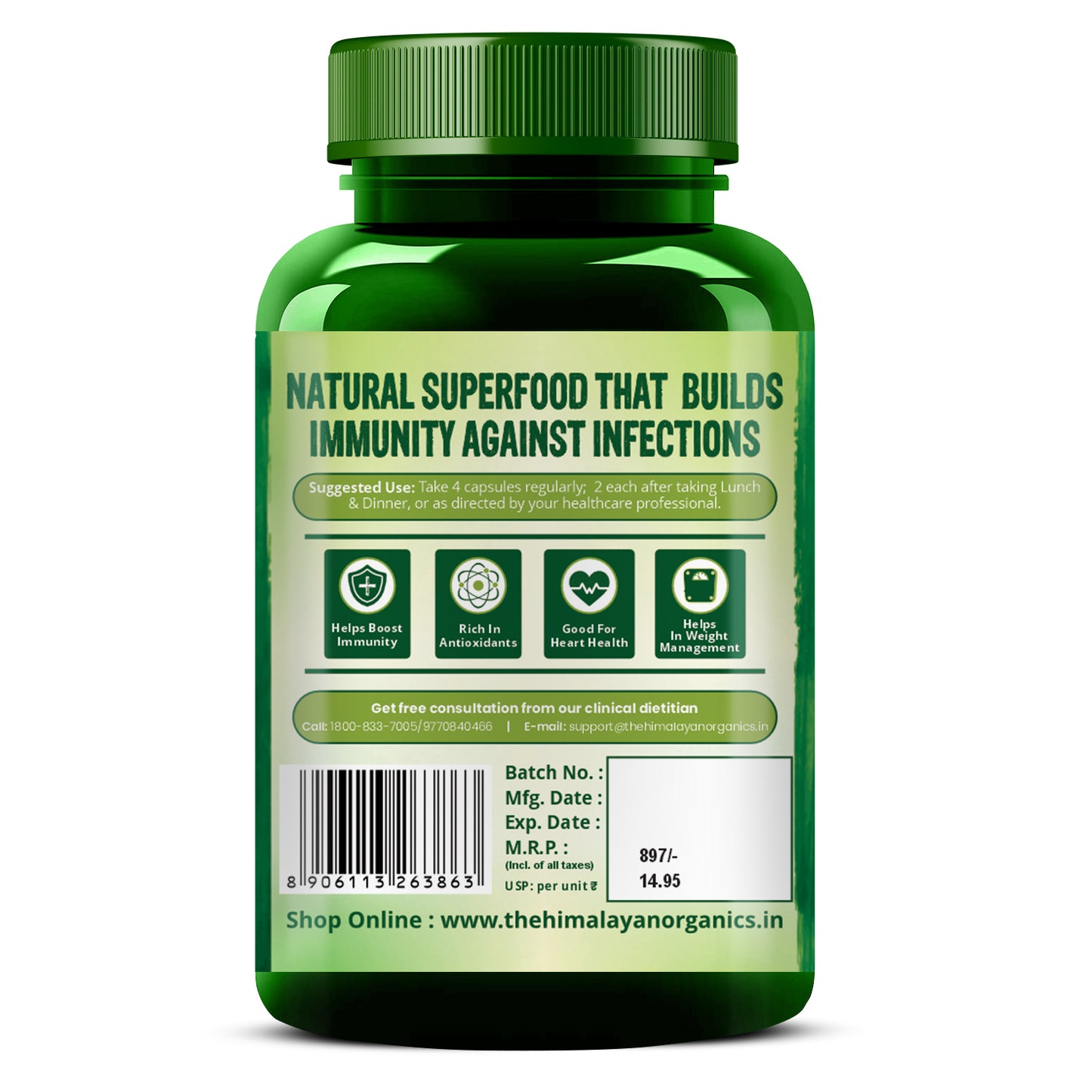 Vlado's Himalayan Organics Spirulina 2000mg Supplement | Green Food For Good Health Weight Management And Immunity Booster | Helps In Healthy Heart - 60 Vegetarian Capsules