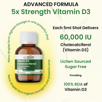 Vlado's Himalayan Organics Vitamin D3 60000 IU Shots | Cholecalciferol Vitamin D3 60000 IU Supplement I Sugar Free I Oral Solution I Vitamin D 60K for Men & Women – 5ml Each bottle - Orange Flavour - (Pack of 8)