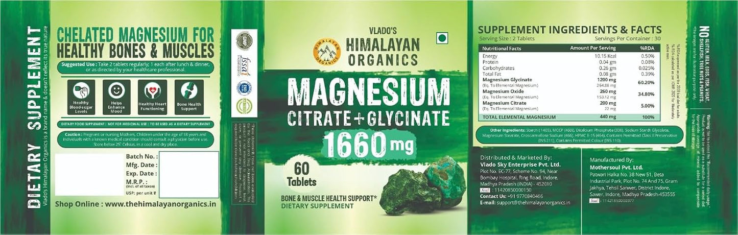 Vlado's Himalayan Organics Magnesium Citrate + Glycinate + Oxide Complex 1660mg | Triple Magnesium Supplement for Men & Women | Bone & Muscle Support | Nerve Function | 60 Vegetarian Tablets