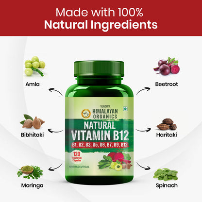 Vlado's Himalayan Organics Natural Vitamin B12 with B1, B2, B3, B5, B6, B7, B9 & Moringa | Plant-Based Formula | 120 Vegetarian Capsules