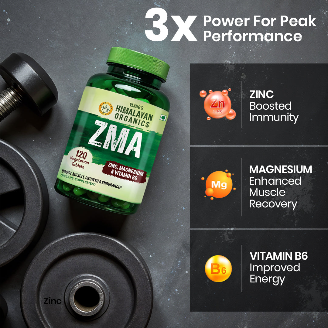 Vlado's Himalayan Organics ZMA Supplement with Zinc, Magnesium Aspartate & Vitamin B6 | Plant-Based Formula | 120 Veg Tablets