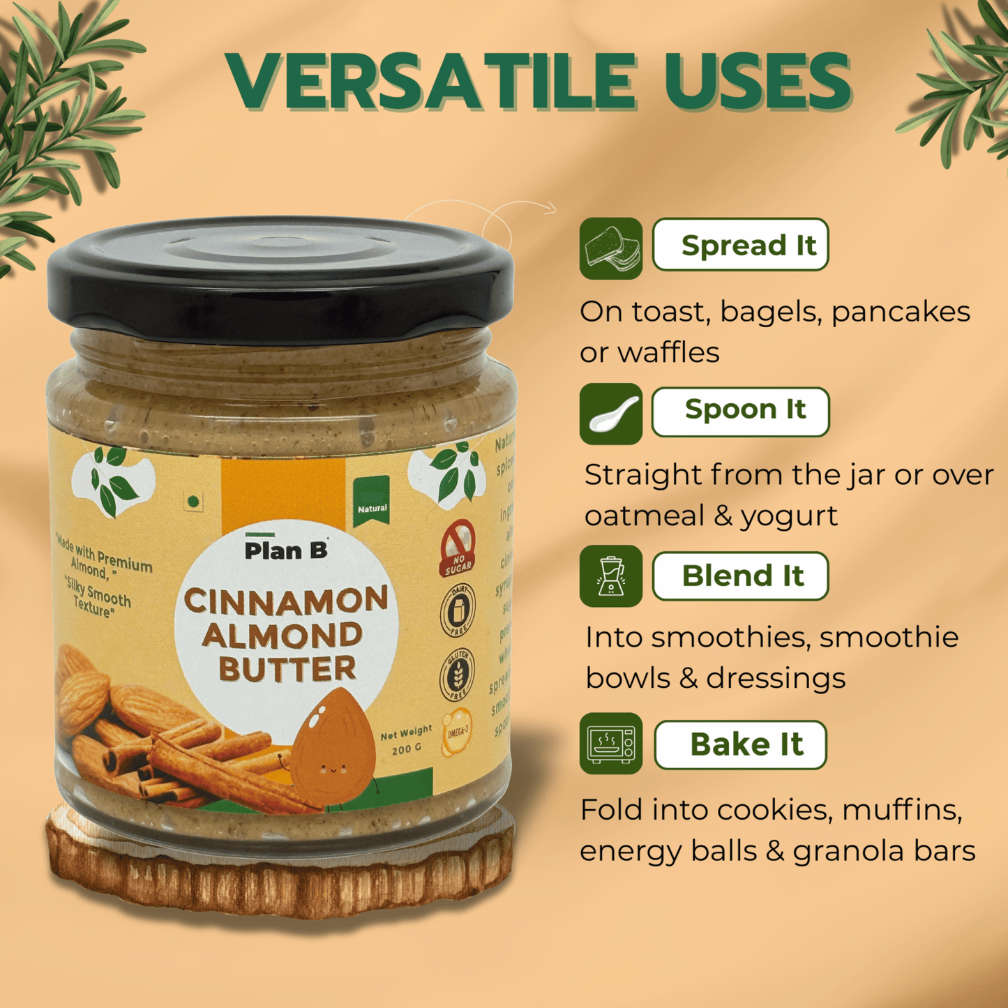 Plan B Cinnamon Almond Butter | Creamy, Spiced Vegan Nut Butter | No Added Sugar, Gluten-Free, High Protein | 100% Natural Roasted Almonds with Cinnamon | Dairy-Free Healthy Spread | 200g Jar