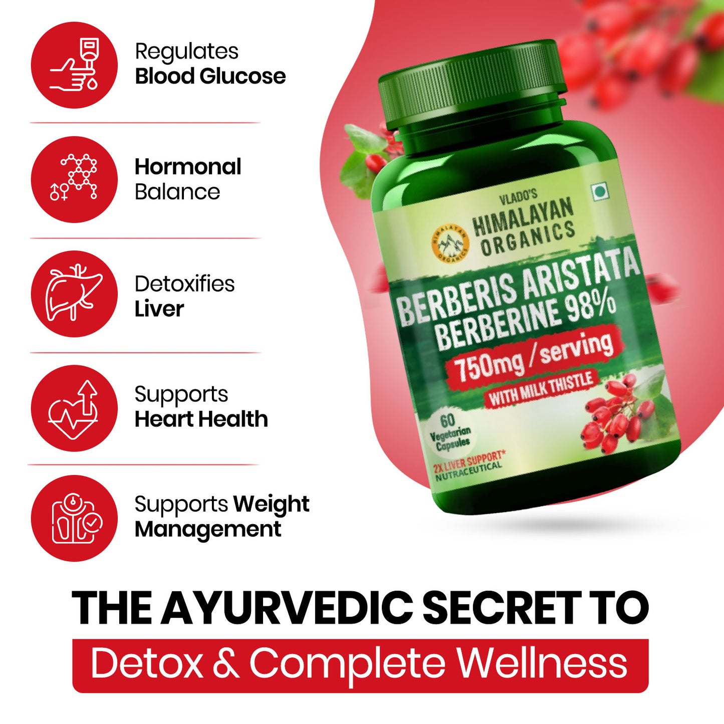 Vlado's Himalayan Organics Berberis Aristata Berberine 98% with Milk Thistle -60 Veg Capsules